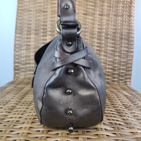 Lamarthe Paris Metallic Brown Small Leather Shoulder Bag Stud Accents - Picture 8 of 16
